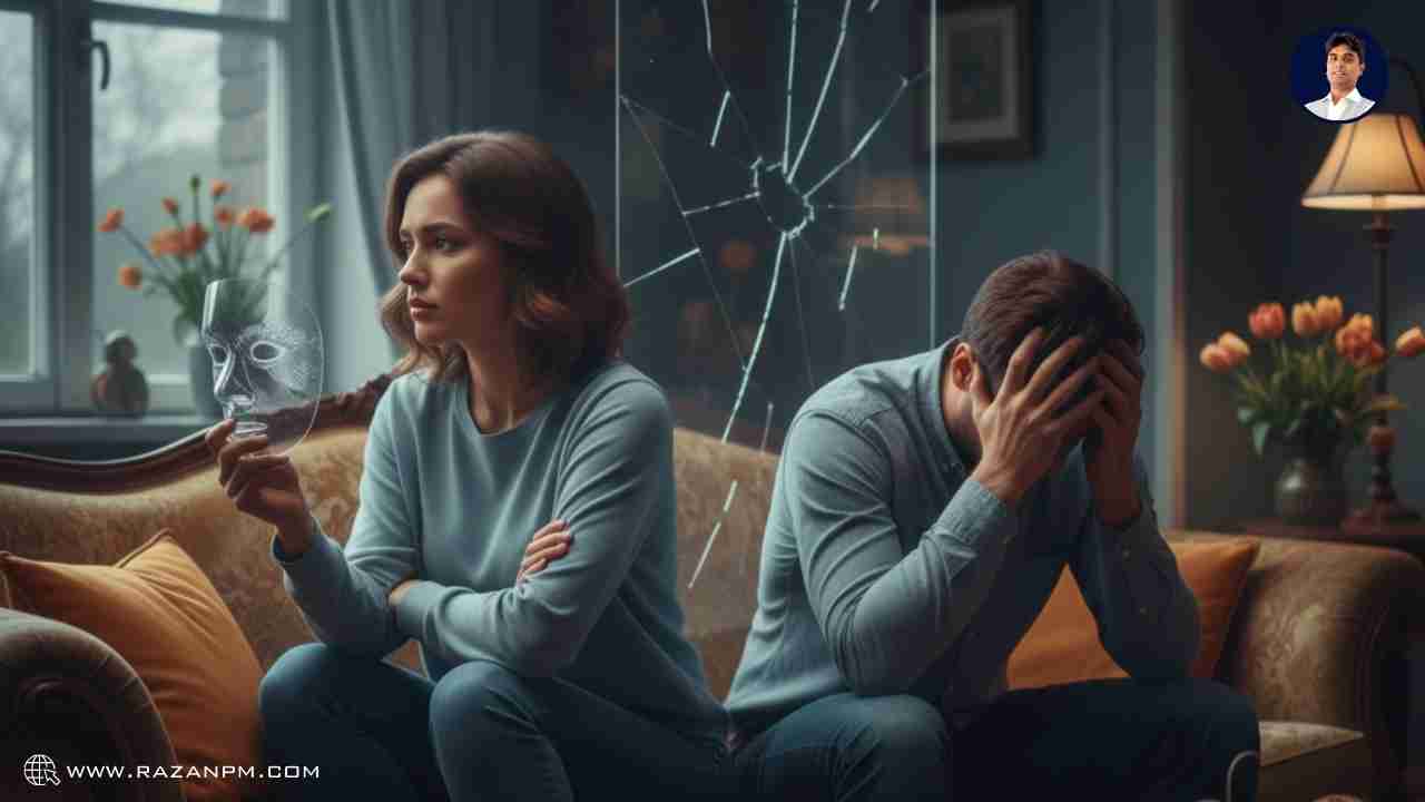 Couple hiding emotions and avoiding eye contact on bed